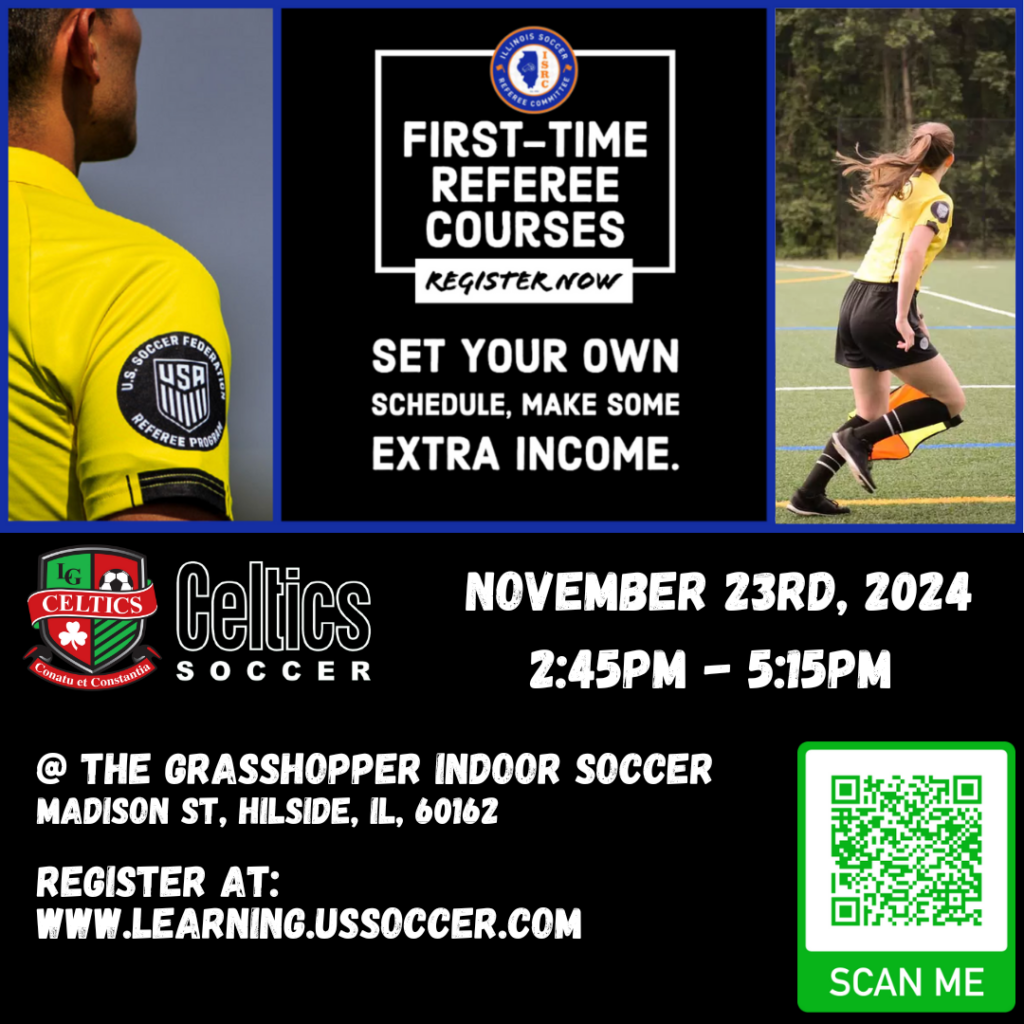 FIRST-TIME REFEREE - 2025 (November 23, 2024 - Hillside, IL) Field Training session will be held on Saturday, November 23, 2024, 245pm to 515pm at Grasshopper Indoor Soccer Hillside, IL. Check in